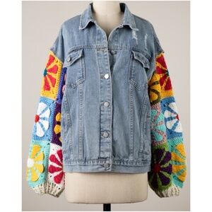 Miracle Medium Wash Granny Square Crochet Distressed Denim Jean Jacket